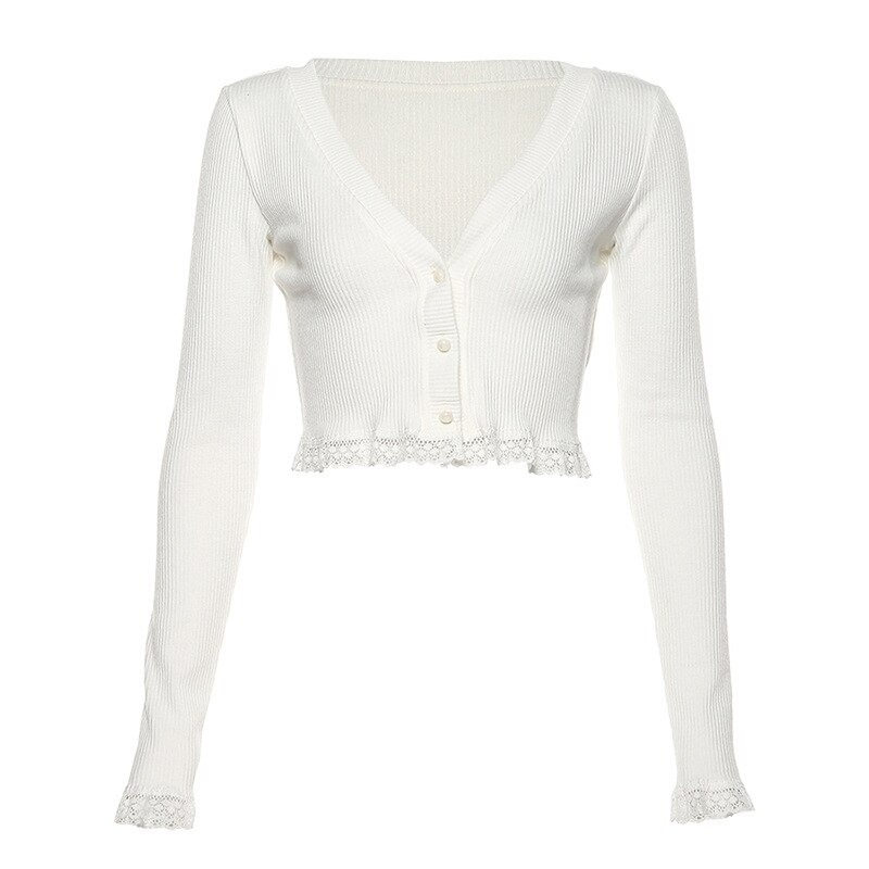 White long sleeve crop top cardigan with lace trim and buttons for a stylish, vintage autumn look.