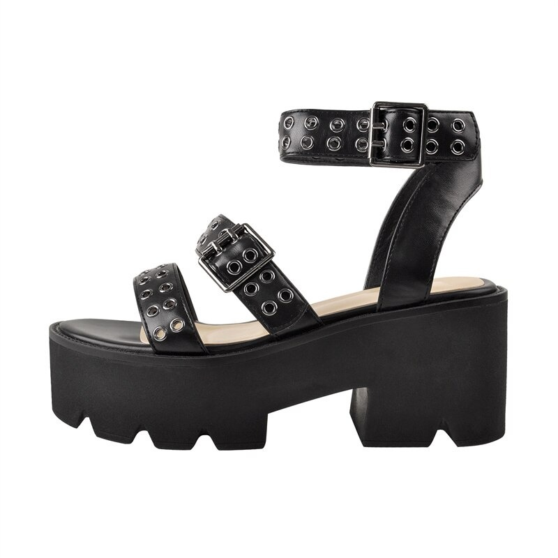 Gothic Sexy Ladies Chunky Heel Platform Sandals / Women's Soft PU Leather Shoes - HARD'N'HEAVY