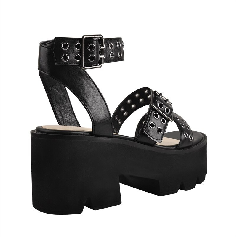 Gothic Sexy Ladies Chunky Heel Platform Sandals / Women's Soft PU Leather Shoes - HARD'N'HEAVY