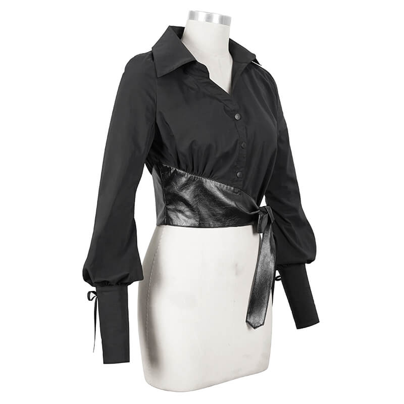 Gothic Sexy Long Sleeve Short Blouse For Women / Fashion Female Shirt with PU Leather Bow - HARD'N'HEAVY