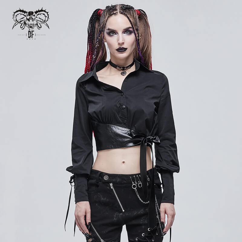 Gothic Sexy Long Sleeve Short Blouse For Women / Fashion Female Shirt with PU Leather Bow - HARD'N'HEAVY