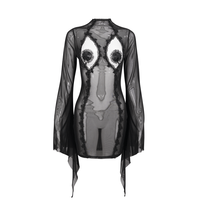 Gothic Sexy Mesh Transparent Trumpet Sleeve Dress / Women's Hollow out on Chest Mini Dress - HARD'N'HEAVY