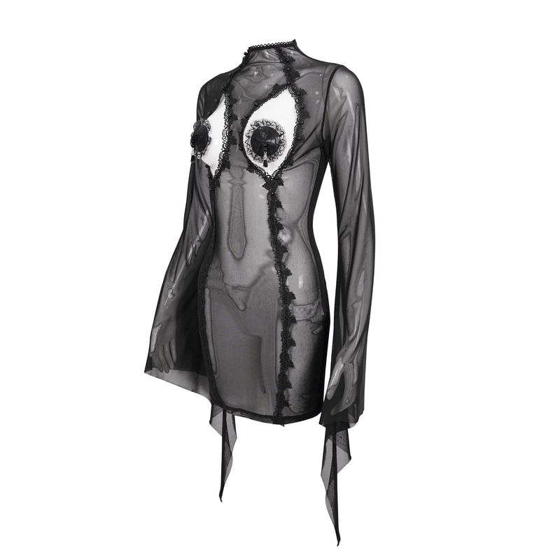 Gothic Sexy Mesh Transparent Trumpet Sleeve Dress / Women's Hollow out on Chest Mini Dress - HARD'N'HEAVY