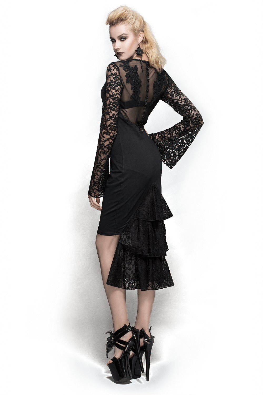 Gothic sexy midi dress with lace sleeves and fishtail hem, perfect for a steampunk-inspired look.