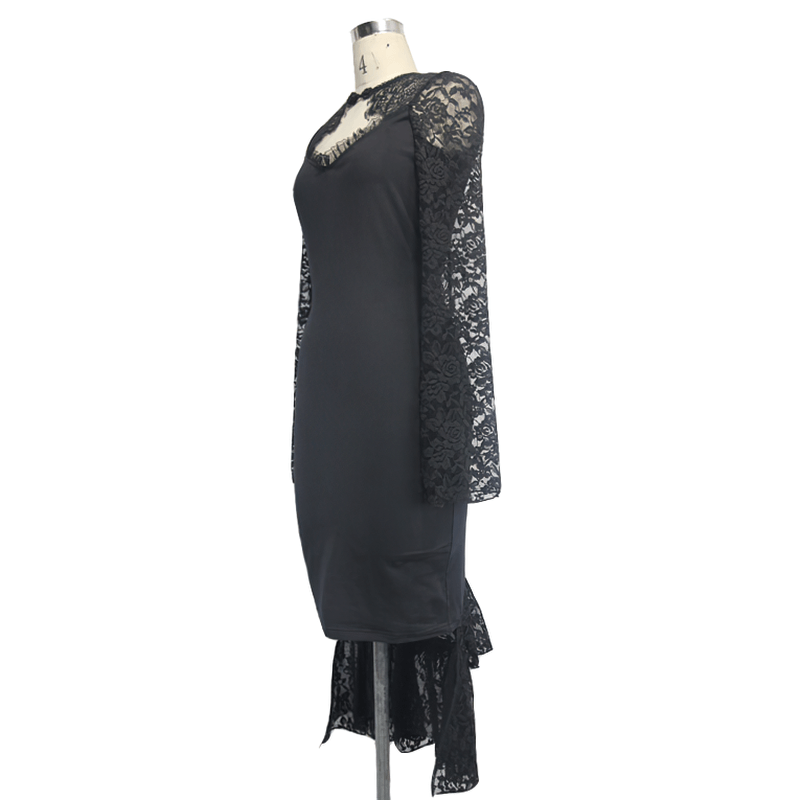 Gothic sexy midi dress with lace sleeves and fishtail hem, perfect for steampunk style enthusiasts.