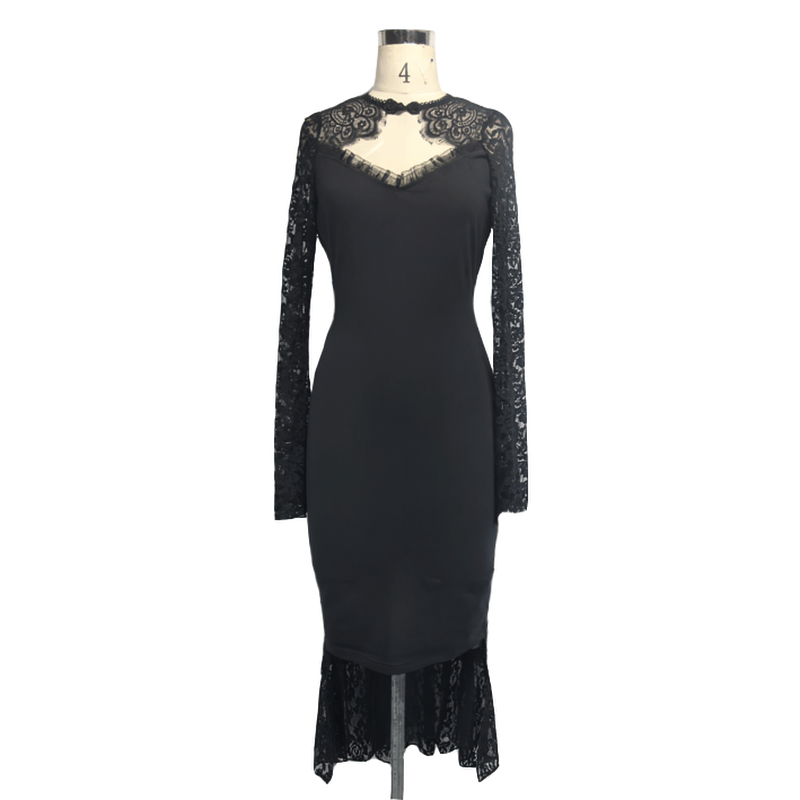 Gothic sexy midi dress with lace sleeves and fishtail hem, perfect for steampunk fashion lovers.