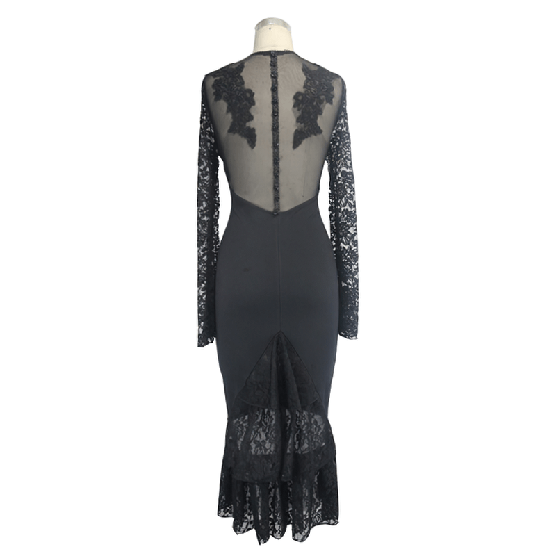 Back view of Gothic sexy midi dress with lace sleeves and fishtail hem, perfect for steampunk style.