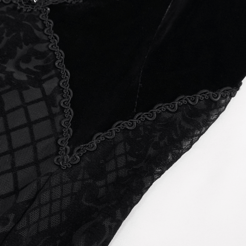 Close-up of elegant black lace and velvet fabric detailing on a gothic off-the-shoulder long dress for women.