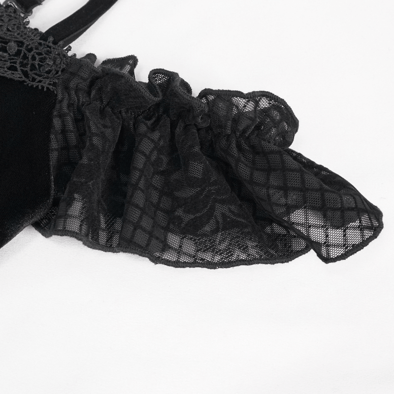Close-up of a gothic off-the-shoulder lace detail on a black women's dress, showcasing luxurious fabric and elegant design.