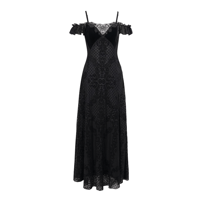 Elegant black off-the-shoulder long dress with lace details, perfect for gothic style fashion.