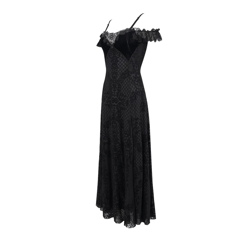Elegant black off-the-shoulder long dress with lace details, perfect for a gothic style look.