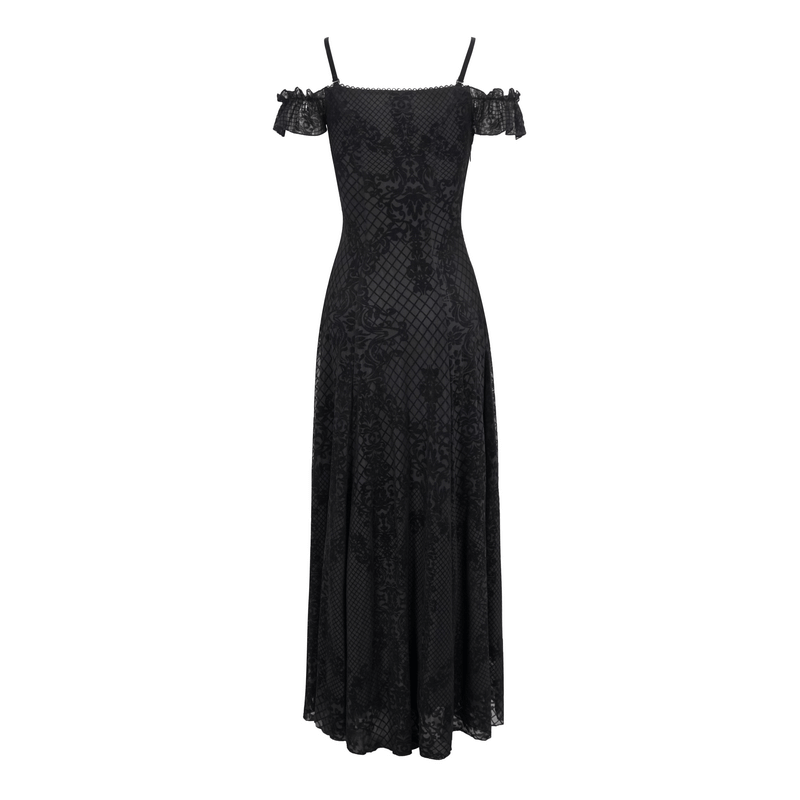 Elegant black gothic off-the-shoulder long dress featuring lace details and a flattering silhouette for women.