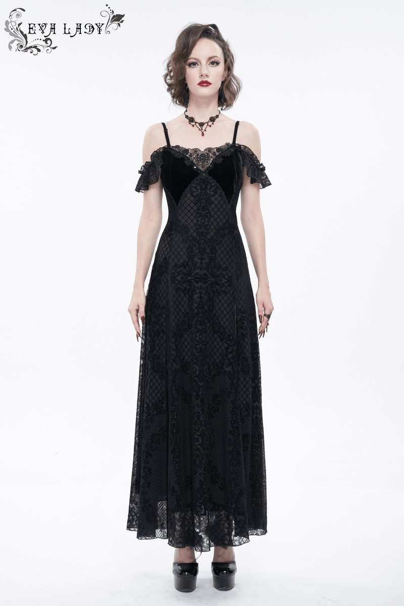 Elegant women's black off-the-shoulder long dress with lace details, perfect for gothic style lovers.