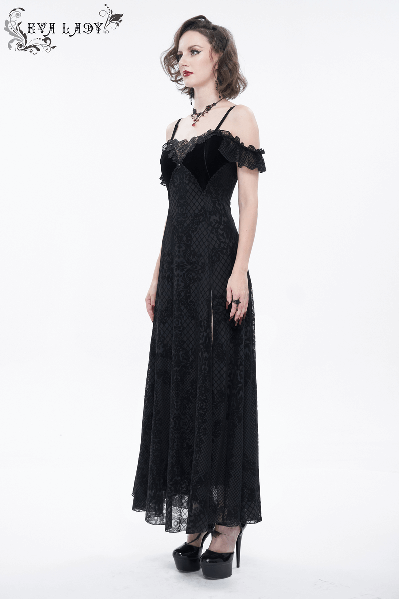 Elegant black gothic off-the-shoulder dress with lace details, highlighting a graceful fit for women.