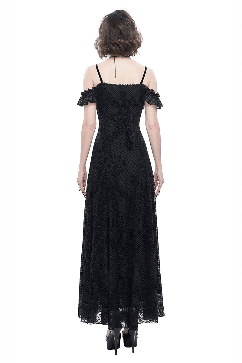 Back view of a Gothic black off-the-shoulder long dress with elegant lace detailing and flowing skirt.