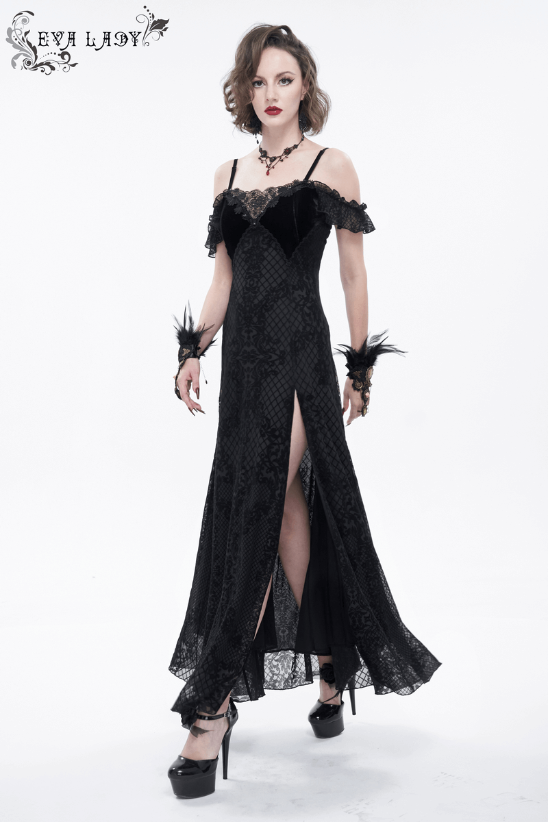 Gothic off-the-shoulder long black dress with lace details and side slit, perfect for a dramatic evening look.