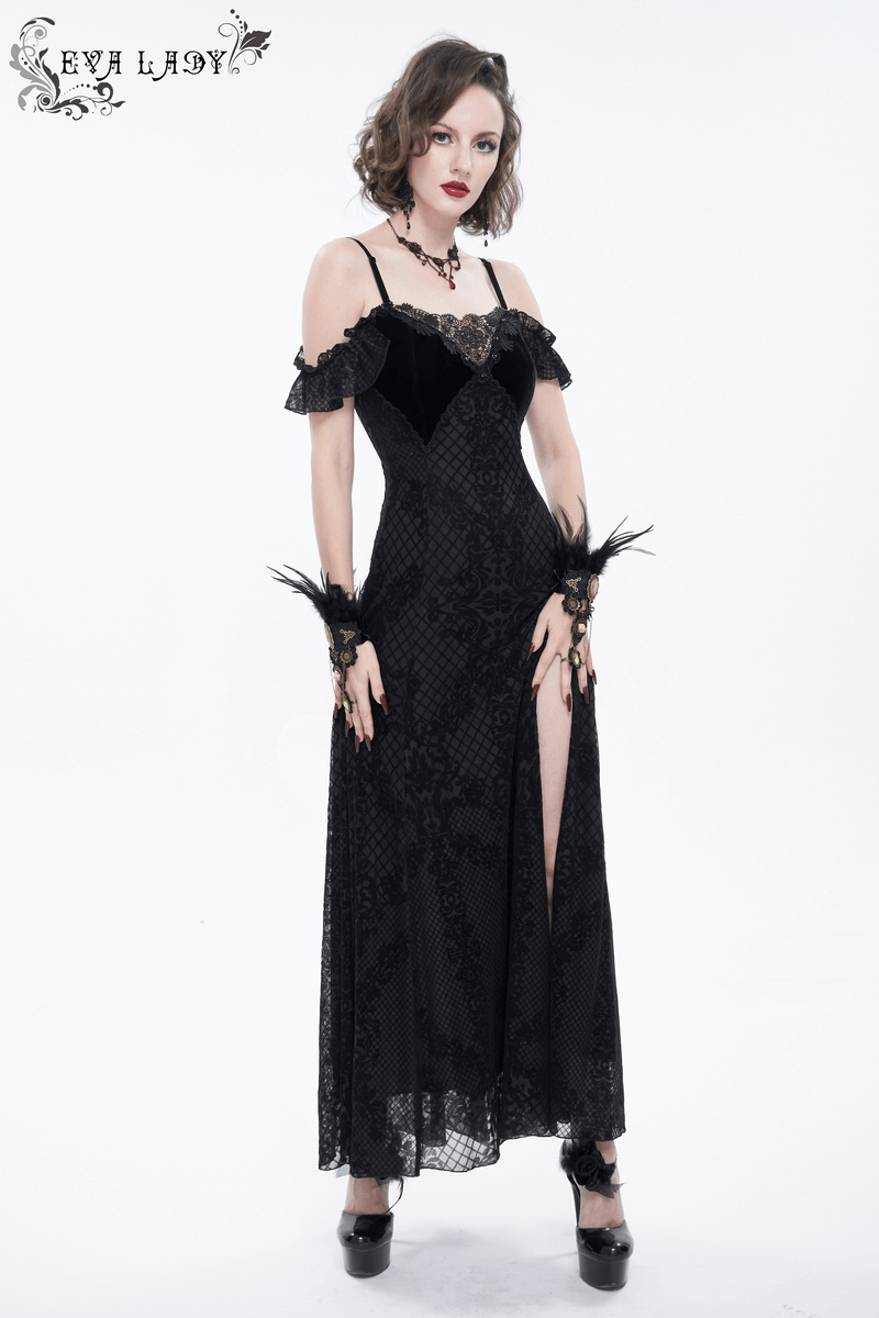 Elegant gothic off-the-shoulder long dress with lace and slit, perfect for making a bold fashion statement.