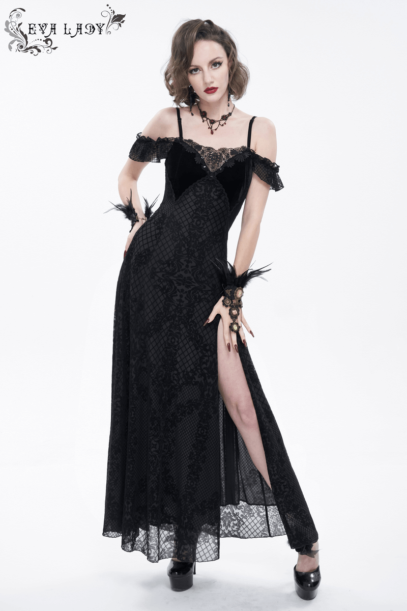 Gothic sexy off-the-shoulder long dress with elegant lace slit, perfect for highlighting your figure in style.