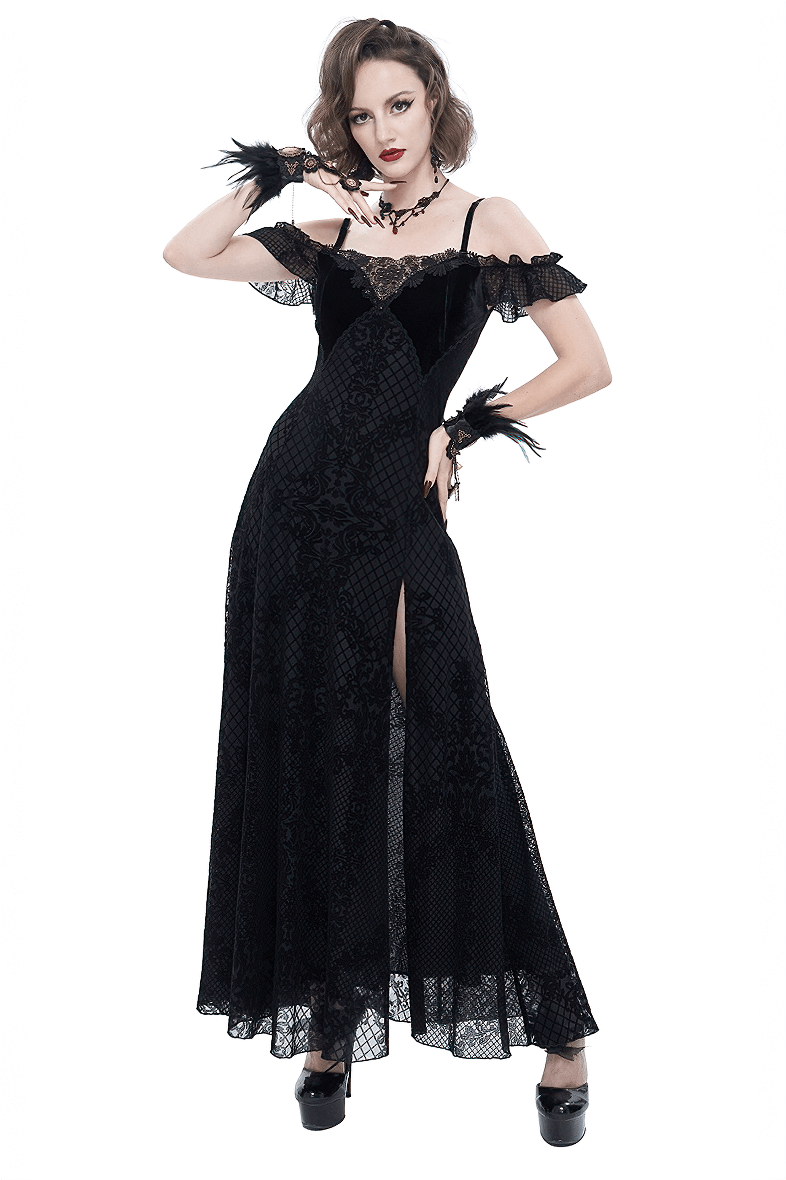 Gothic Sexy Off-The-Shoulder Long Dress / Elegant Lace Slit Dress for Women - HARD'N'HEAVY