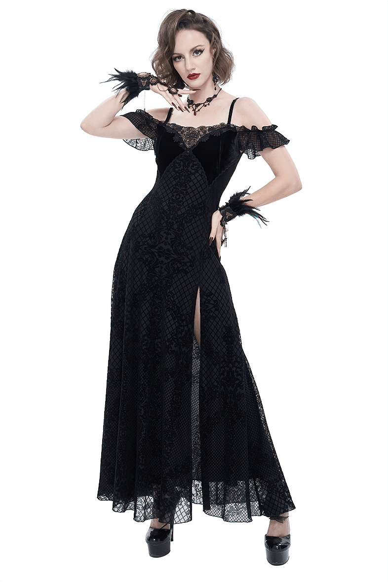 Elegant black off-the-shoulder long dress for women with lace and slit, showcasing gothic fashion style.