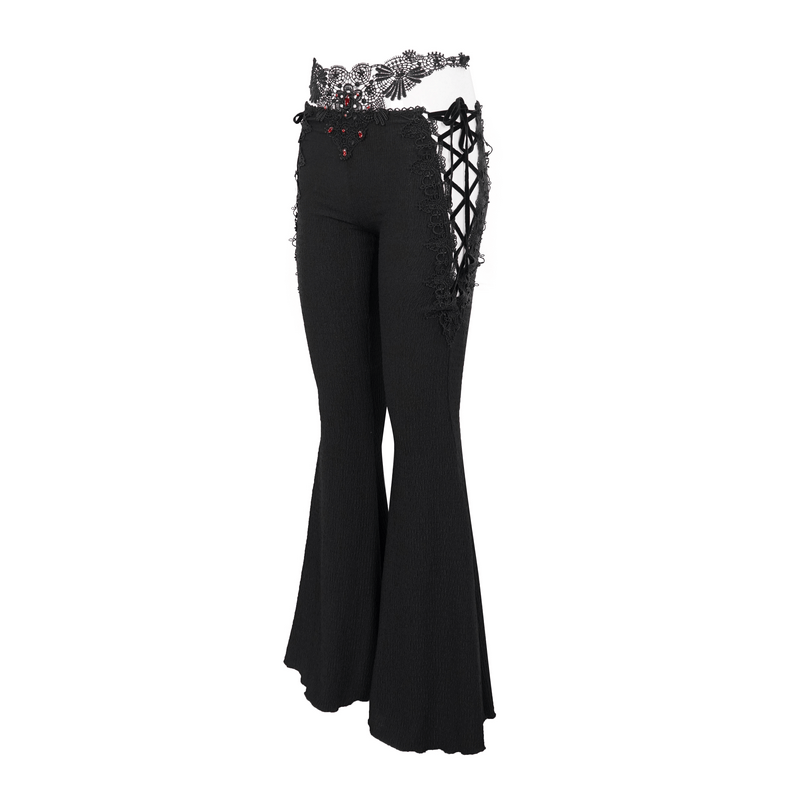 Gothic Sexy Slim Lace-Up Flared Trousers / Women's Lace Applique Black Pants - HARD'N'HEAVY