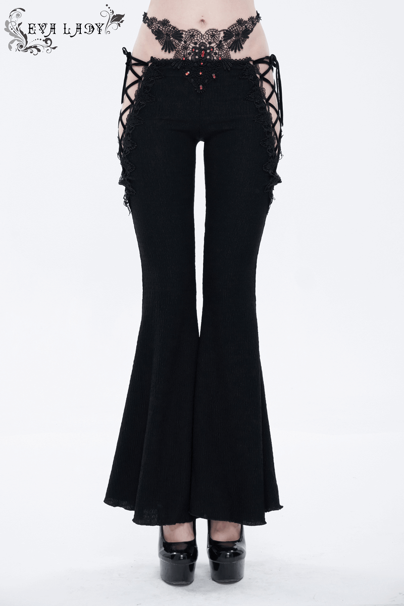 Gothic Sexy Slim Lace-Up Flared Trousers / Women's Lace Applique Black Pants - HARD'N'HEAVY