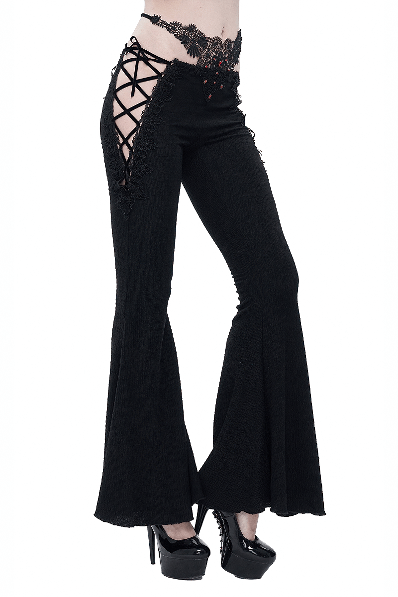 Gothic sexy slim lace-up flared trousers featuring intricate lace applique details, perfect for a stylish vintage look.