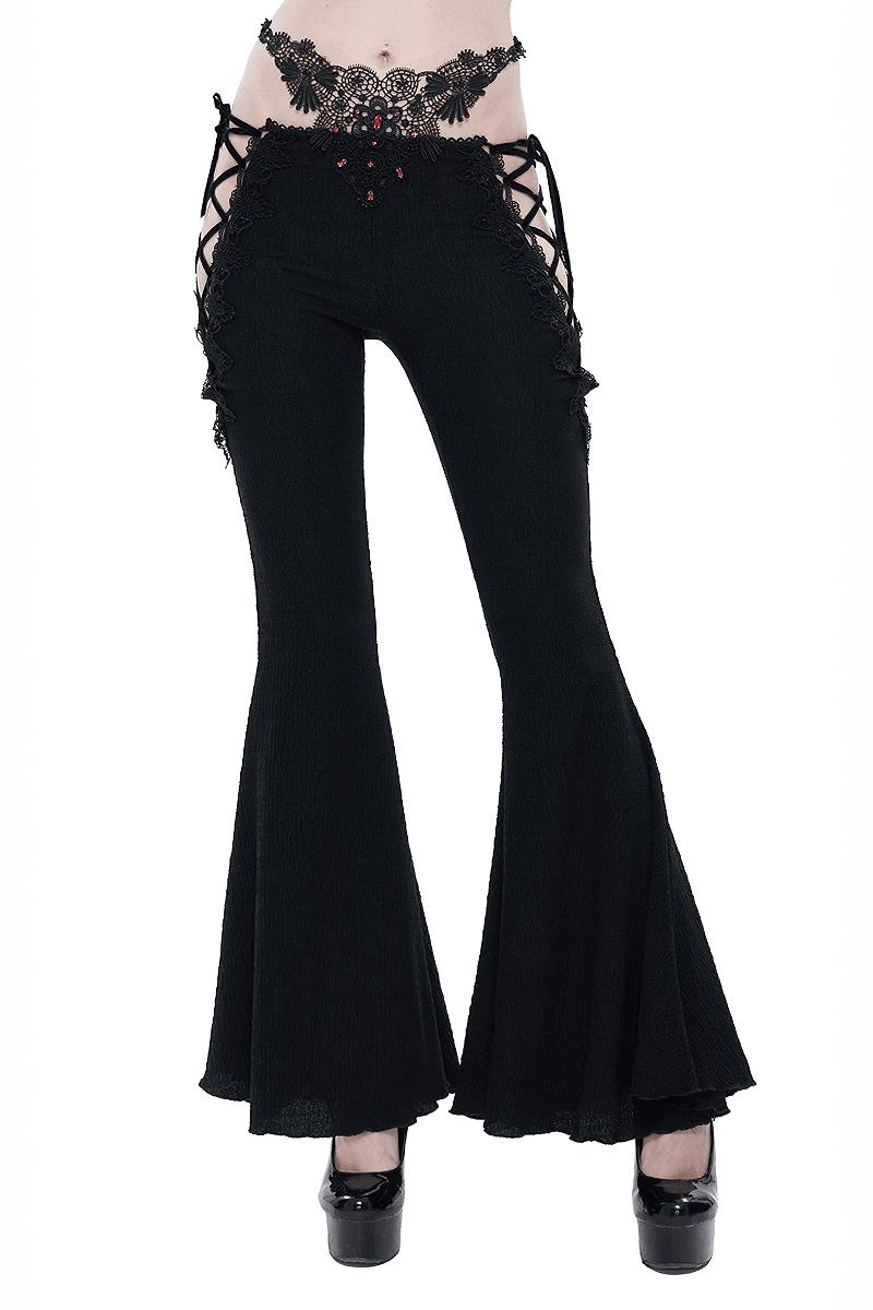 Gothic sexy slim lace-up flared trousers in black, showcasing elegant lace details and a flattering fit, perfect for vintage style lovers.