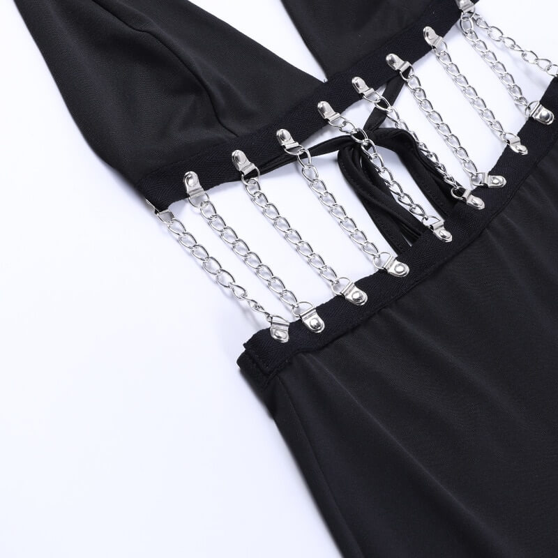 Gothic Sexy Women's High Split Long Dress with Chains / Aesthetic Grunge Outfits for Ladies - HARD'N'HEAVY