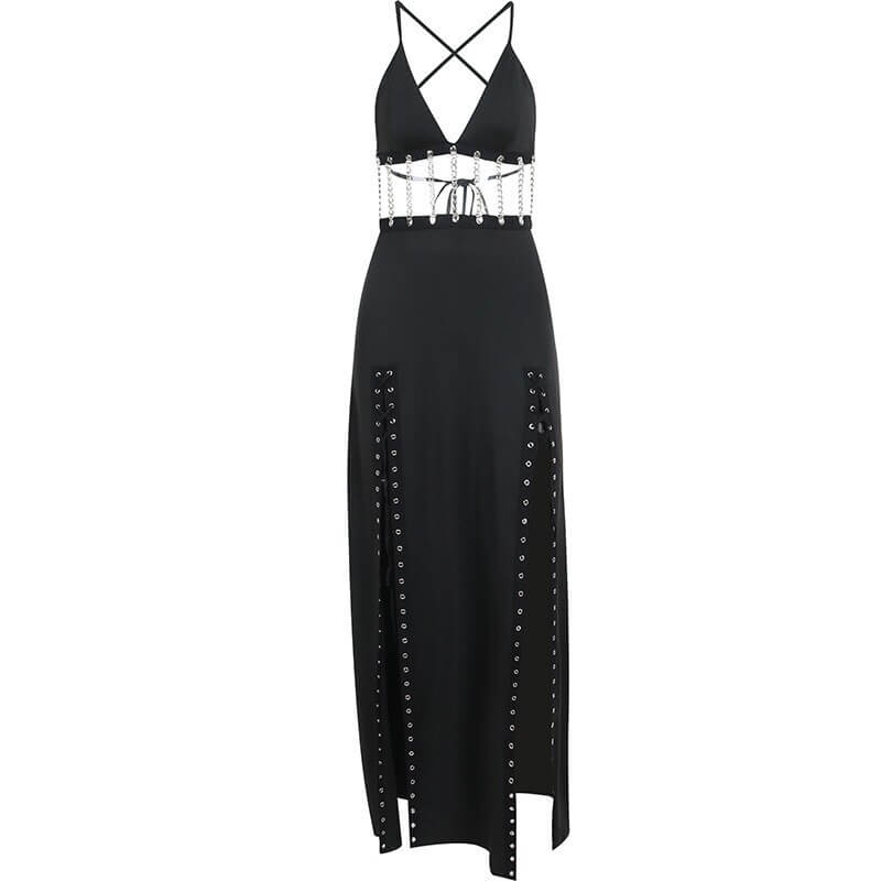 Gothic Sexy Women's High Split Long Dress with Chains / Aesthetic Grunge Outfits for Ladies - HARD'N'HEAVY