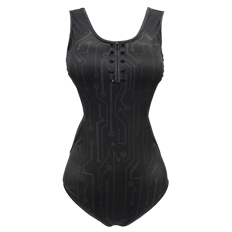 Gothic Sexy Women's One-Piece Swimsuit / Stylish Sleeveless Swimming Suit With Zipper Front & Spikes - HARD'N'HEAVY