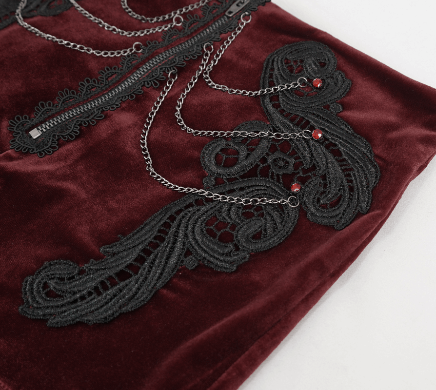 Gothic velvet shorts with intricate lace applique and chain detailing for a stylish look.