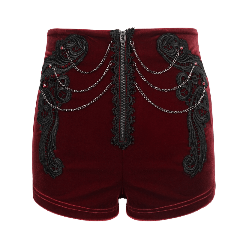 Gothic Sexy Zipper Velvet Shorts with Chain / Vintage Female Lace Appliqued Shorts