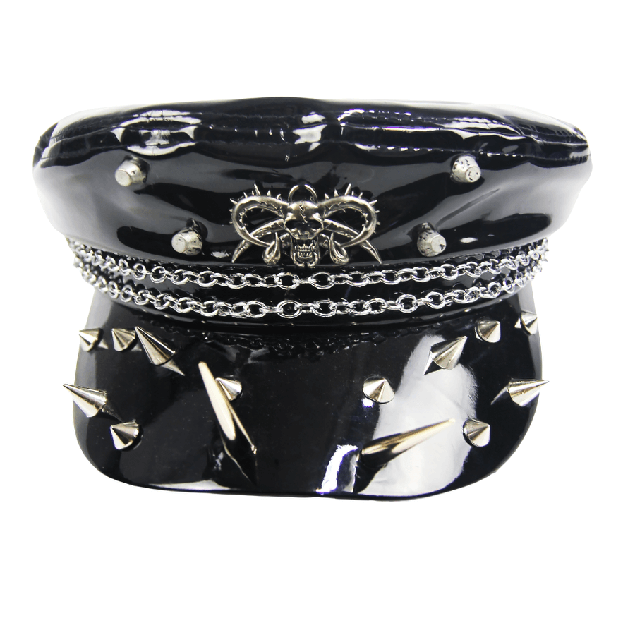 Gothic shiny vinyl military cap for women, featuring spikes and chains, perfect for a stylish gothic look.
