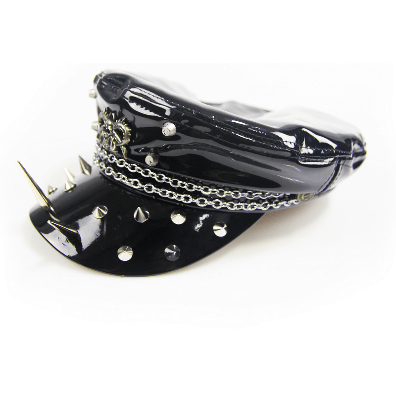 Gothic shiny black vinyl military cap with spikes and chain accents for women.