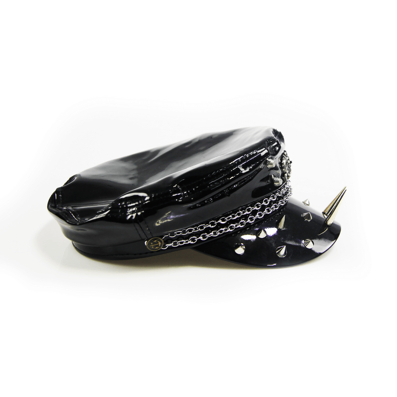 Gothic shiny vinyl military cap with spikes and chain, stylish women's black hat for gothic fashion.
