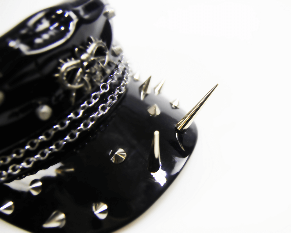 Gothic Shiny Vinyl Military Cap with Spikes / Women's Black Hat with Chain - HARD'N'HEAVY