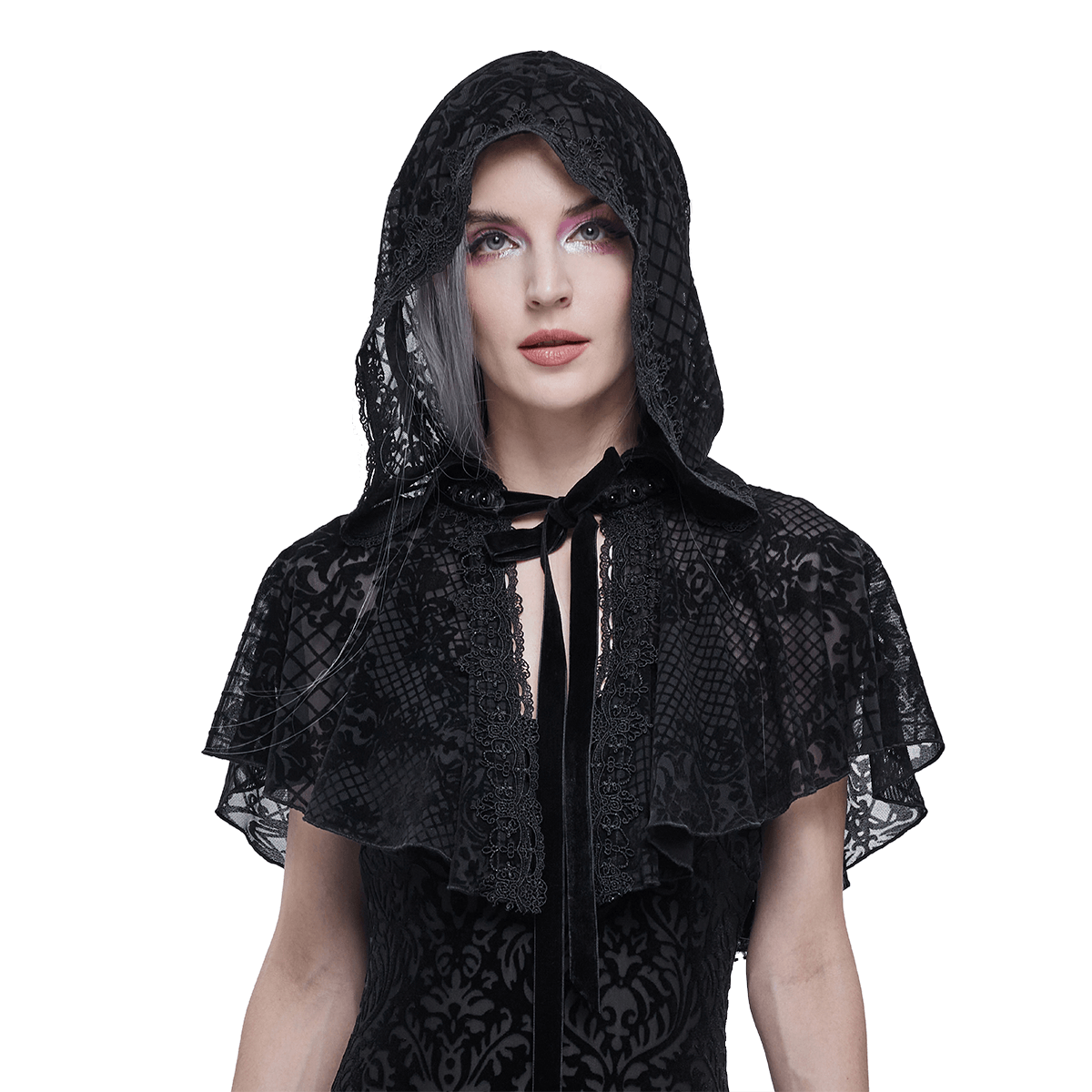 Gothic Short Hooded Cape with Velvet Tie / Women's Floral Mesh Cape - HARD'N'HEAVY