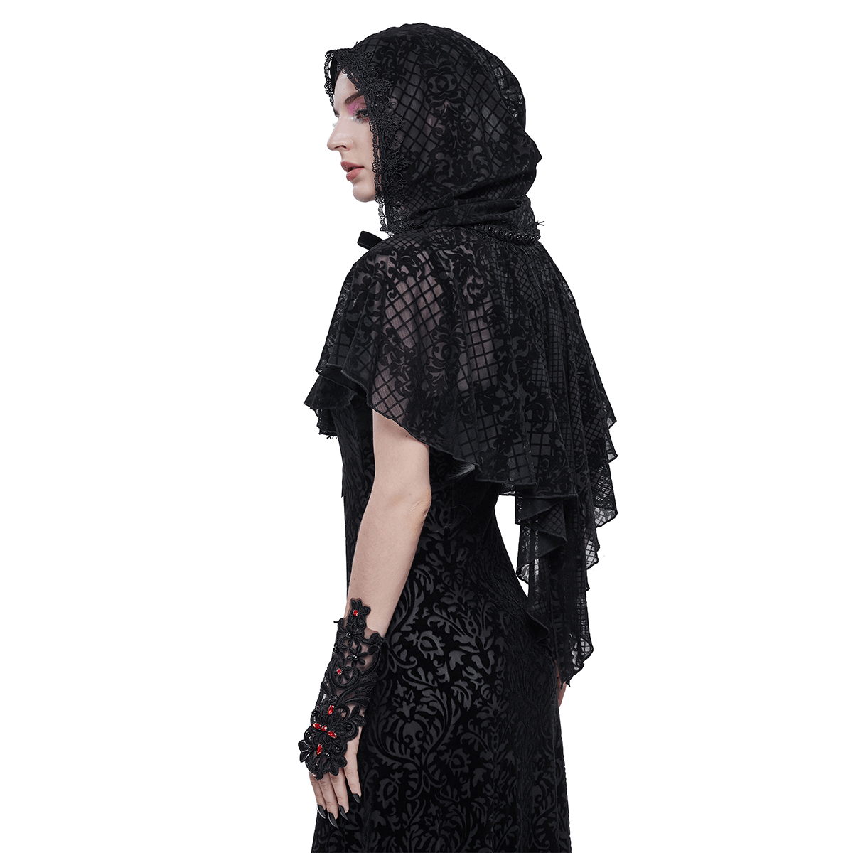 Gothic Short Hooded Cape with Velvet Tie / Women's Floral Mesh Cape - HARD'N'HEAVY