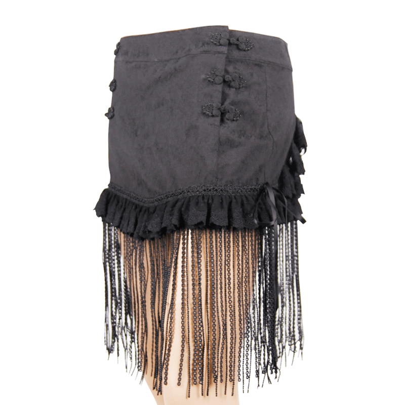 Gothic short skirt featuring lace tassels and ruffles, stylish and elegant addition to a gothic wardrobe.