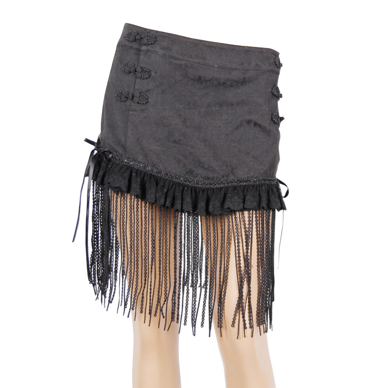 Gothic short skirt with lace tassels and ruffles, perfect for a stylish dark wardrobe.