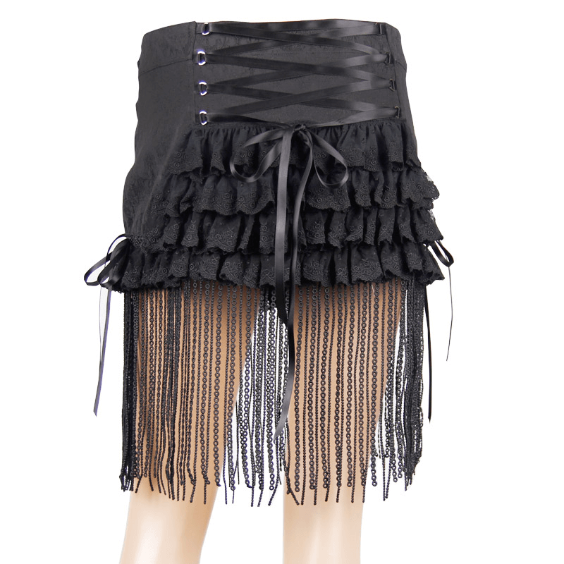 Gothic short skirt with lace tassels and ruffles, stylish black design perfect for a unique wardrobe.