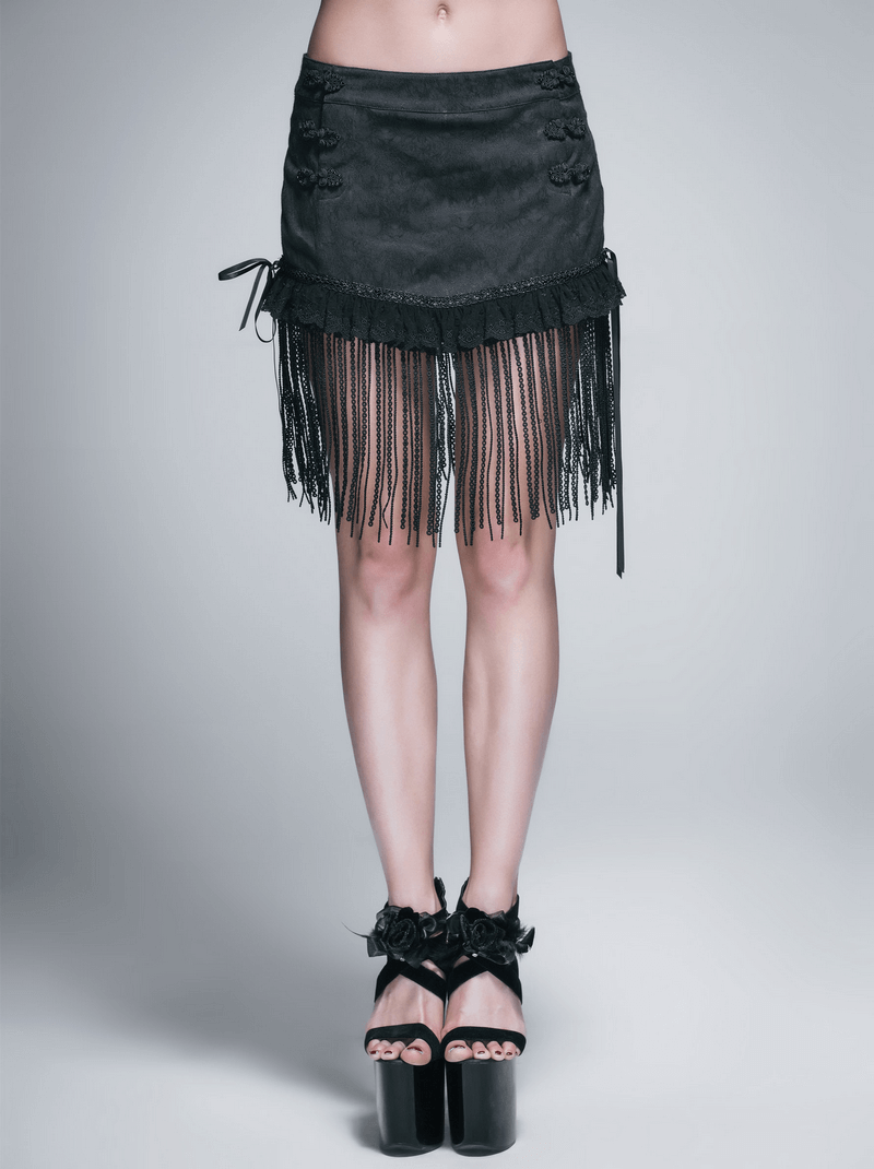Gothic Short Skirt With Lace Tassels / Elegant Female Skirt With Ruffles and Lace up