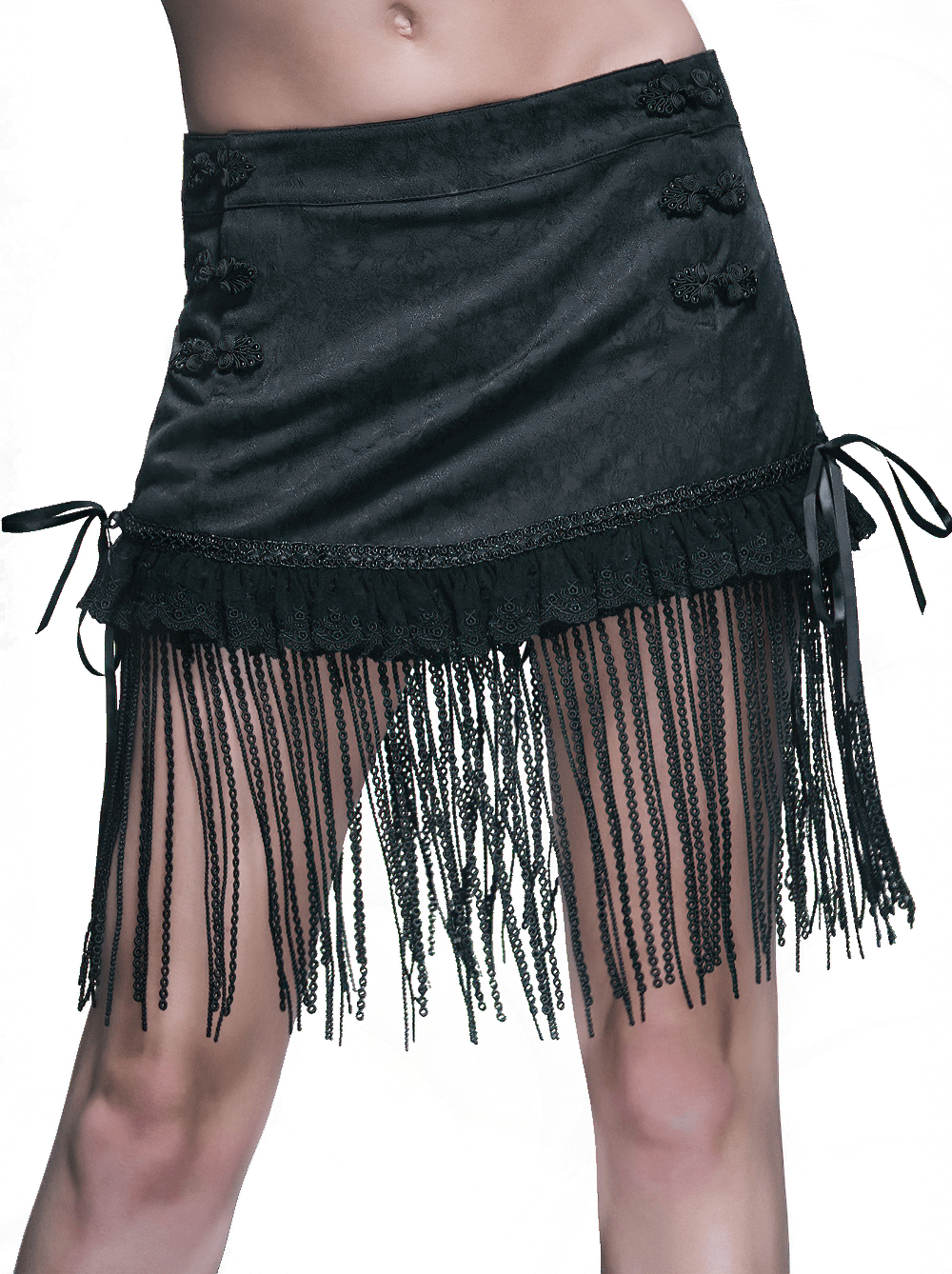 Gothic short skirt with lace tassels and ruffles; stylish black skirt for women's gothic fashion.