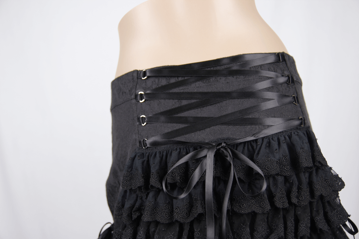 Gothic Short Skirt With Lace Tassels / Elegant Female Skirt With Ruffles and Lace up