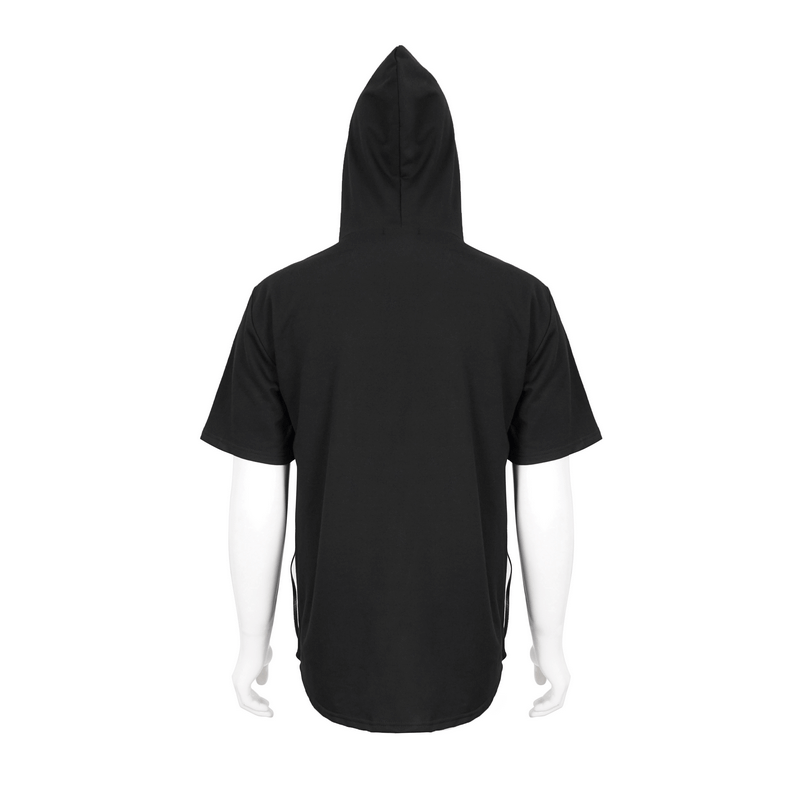 Gothic Short Sleeves Zipper Hooded Top for Men / Black Punk Hodies with Lace-up on Neckline