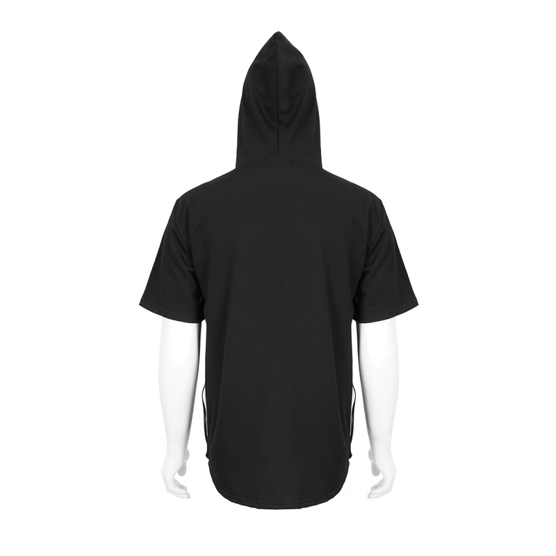 Back view of a Gothic short sleeve black hoodie for men featuring a stylish hood and sleek punk design.