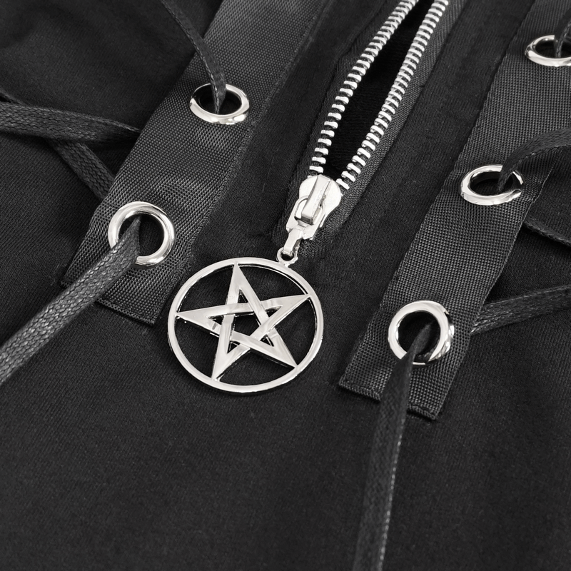 Close-up of black punk hoodie with zipper and lace-up detailing featuring a silver pentagram charm.