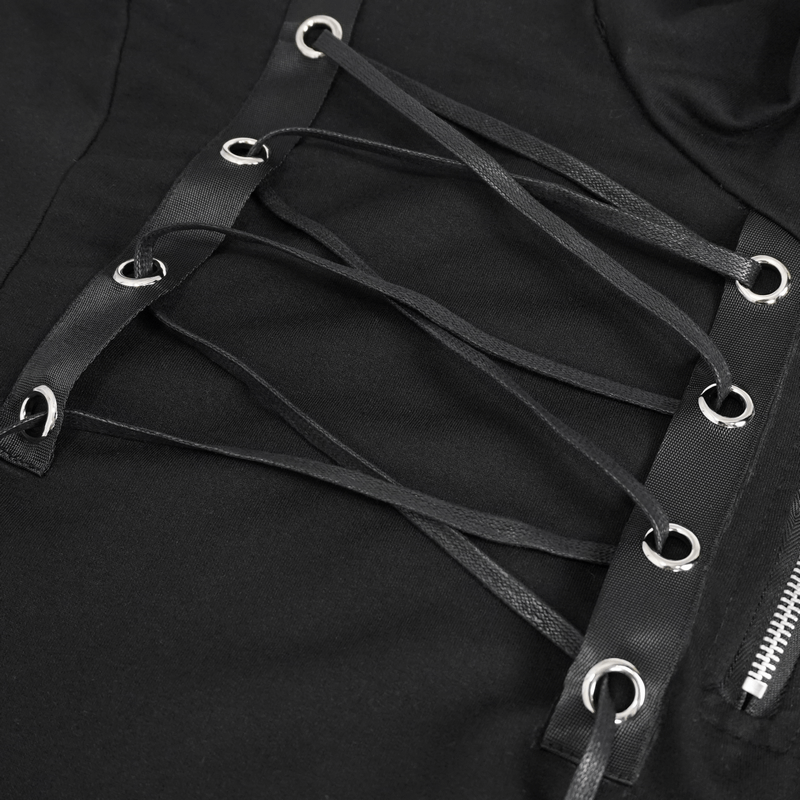 Close-up of stylish lace-up detailing on a black gothic short sleeve men's hoodie.