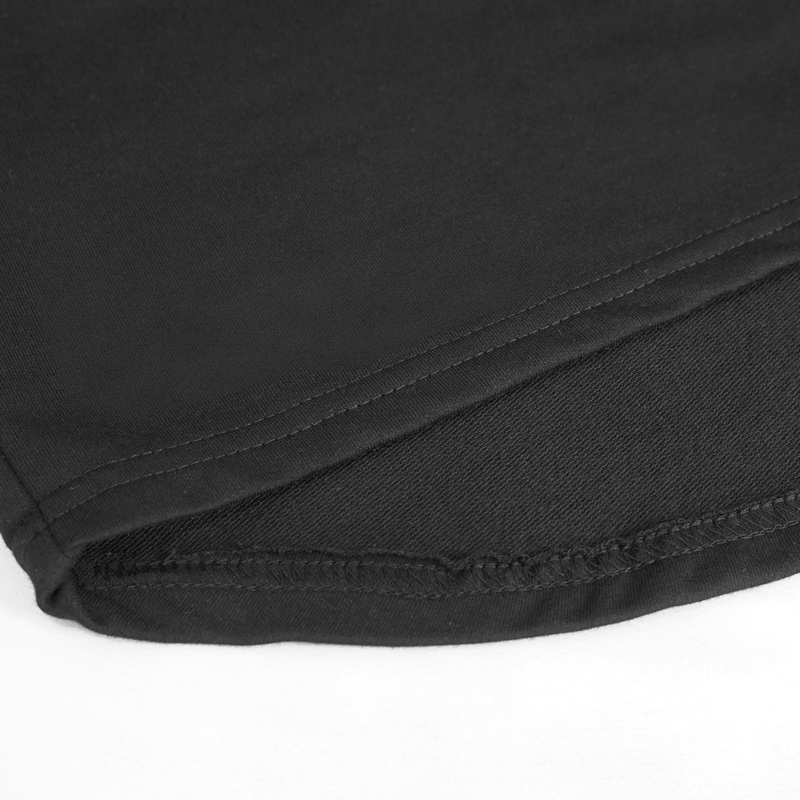 Close-up of black short sleeve hoodie hem showcasing stylish stitching and fabric texture for men, perfect for punk fashion.